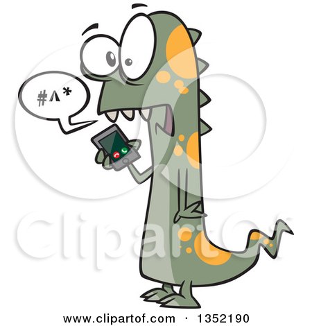 Clipart of a Cartoon Green and Orange Spotted Monster Talking on a Cell Phone - Royalty Free Vector Illustration by toonaday
