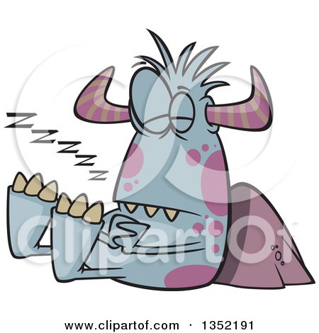 Clipart of a Cartoon Horned Blue and Purple Monster Sleeping Against a Boulder - Royalty Free Vector Illustration by toonaday