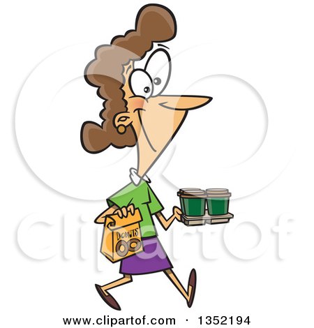 Clipart of a Cartoon Happy Brunette White Woman Carrying Coffee and Donuts - Royalty Free Vector Illustration by toonaday