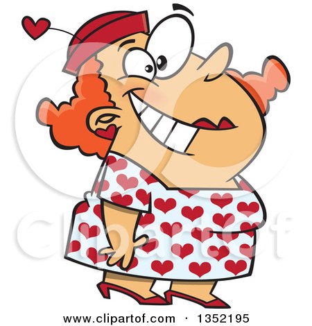 Clipart of a Cartoon Happy Chubby Red Haired White Lady Decked out in a Heart Dress - Royalty Free Vector Illustration by toonaday