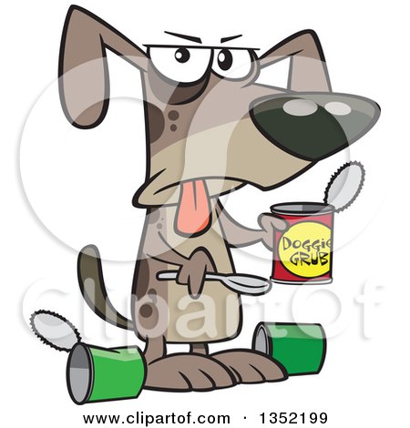 Clipart of a Cartoon Dog Eating a Gross Can of Wet Food - Royalty Free Vector Illustration by toonaday