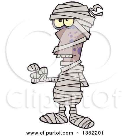 Clipart of a Cartoon Halloween Mummy Holding up a Finger - Royalty Free Vector Illustration by toonaday