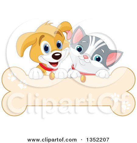 Clipart of a Cute Beagle Puppy Dog and White and Gray Kitten over a Bone Sign - Royalty Free Vector Illustration by Pushkin