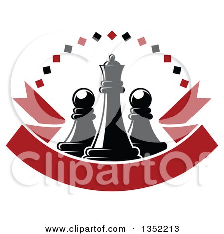 Clipart of a Black Chess Queen Piece with Pawns with a Diamond Arch over a Blank Red Ribbon Banner - Royalty Free Vector Illustration by Vector Tradition SM