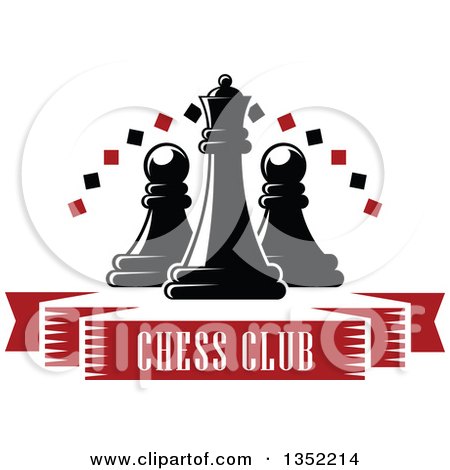Clipart of a Black Chess Queen Piece with Pawns with a Diamond Arch over a Red Text Ribbon Banner - Royalty Free Vector Illustration by Vector Tradition SM