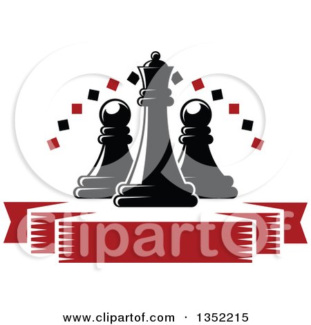Clipart of a Black Chess Queen Piece with Pawns, a Diamond Arch, and a Blank Red Ribbon Banner - Royalty Free Vector Illustration by Vector Tradition SM