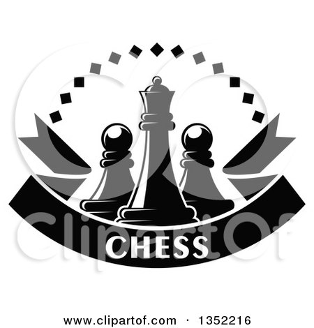 Clipart of a Black and White Chess Queen Piece with Pawns, a Diamond Arch, and a Text Ribbon Banner - Royalty Free Vector Illustration by Vector Tradition SM