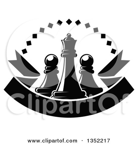 Clipart of a Black and White Chess Queen Piece with Pawns, a Diamond Arch, and a Blank Ribbon Banner - Royalty Free Vector Illustration by Vector Tradition SM