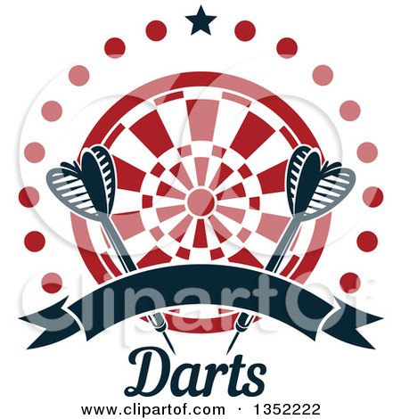 Clipart of Navy Blue Throwing Darts over a Target in a Circle of Dots, with a Star and Blank Ribbon Banner over Text - Royalty Free Vector Illustration by Vector Tradition SM