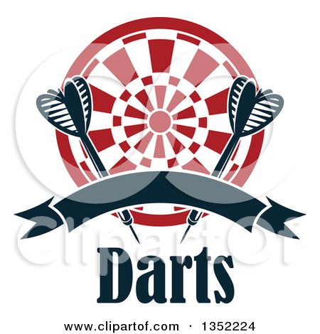 Clipart of Navy Blue Throwing Darts over a Target with a Blank Ribbon Banner over Text - Royalty Free Vector Illustration by Vector Tradition SM