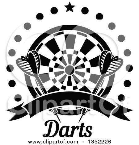 Clipart of Black and White Throwing Darts over a Target, a Star, Circle of Dots and Blank Ribbon Banner Above Text - Royalty Free Vector Illustration by Vector Tradition SM