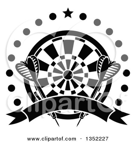 Clipart of Black and White Throwing Darts over a Target, a Star, Circle of Dots and Blank Ribbon Banner - Royalty Free Vector Illustration by Vector Tradition SM