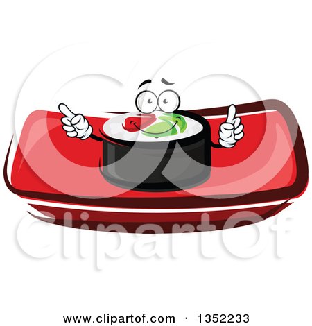 Clipart of a Cartoon Smoked Salmon and Rice Sushi Roll Character on a Red Plate - Royalty Free Vector Illustration by Vector Tradition SM