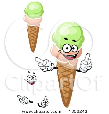 Clipart of a Cartoon Face, Hands and Strawberry and Pistachio Ice Cream Waffle Cones - Royalty Free Vector Illustration by Vector Tradition SM