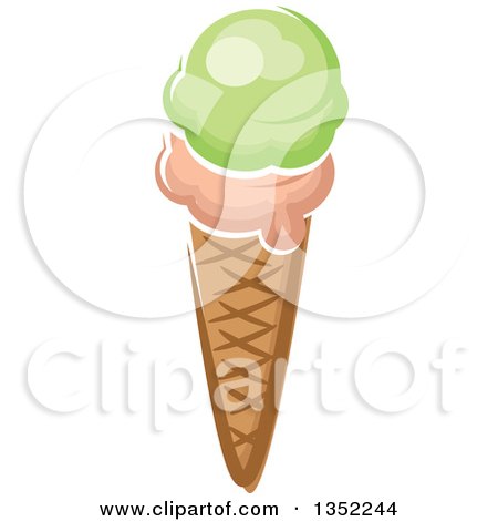Clipart of a Cartoon Strawberry and Pistachio Ice Cream Waffle Cone - Royalty Free Vector Illustration by Vector Tradition SM