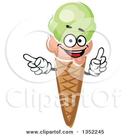 Clipart of a Cartoon Strawberry and Pistachio Ice Cream Waffle Cone Character - Royalty Free Vector Illustration by Vector Tradition SM