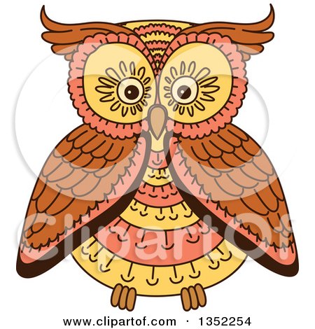 Clipart of a Cute Brown, Yellow and Orange Owl - Royalty Free Vector Illustration by Vector Tradition SM