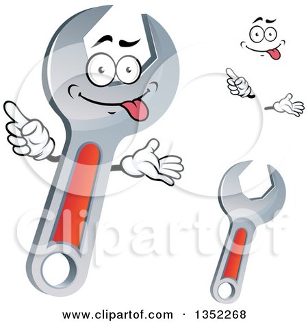 Clipart of a Cartoon Face, Hands and Red and Silver Spanner Wrenches - Royalty Free Vector Illustration by Vector Tradition SM