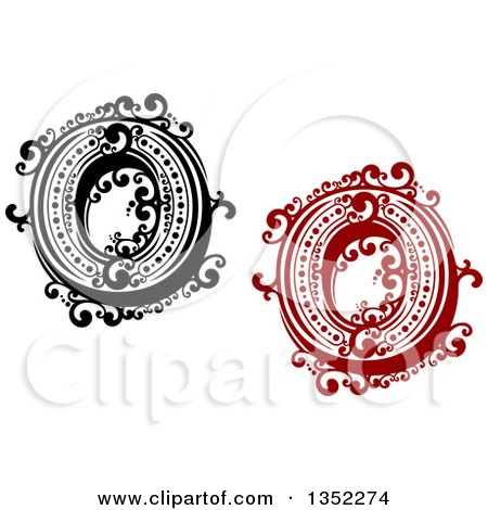 Clipart of Retro Black and White and Red Capital Letter O Designs with Flourishes - Royalty Free Vector Illustration by Vector Tradition SM