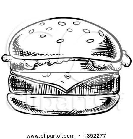 Clipart of a Black and White Sketched Cheeseburger - Royalty Free Vector Illustration by Vector Tradition SM