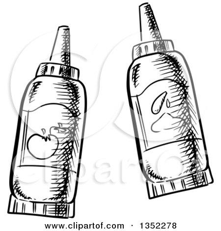 Clipart of Black and White Sketched Ketchup and Mustard Bottles - Royalty Free Vector Illustration by Vector Tradition SM