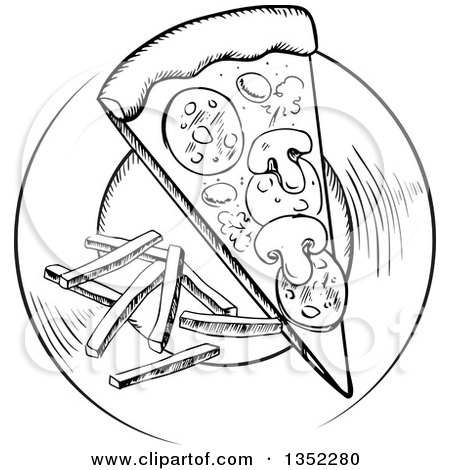 Clipart of a Black and White Sketched Slice of Pizza and French Fries - Royalty Free Vector Illustration by Vector Tradition SM