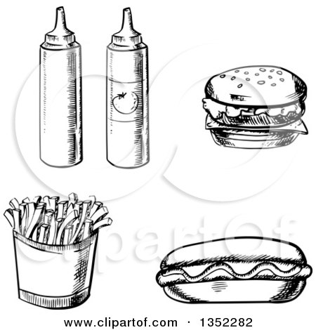 Clipart of a Black and White Sketched Ketchup and Mustard Bottles, Cheeseburger, Hot Dog and French Fries - Royalty Free Vector Illustration by Vector Tradition SM
