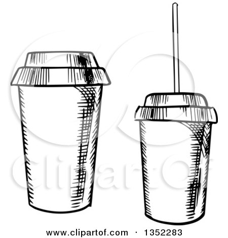 Clipart of Black and White Sketched Take out Coffee and Soda Cups - Royalty Free Vector Illustration by Vector Tradition SM
