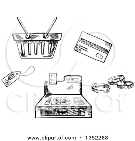Clipart of a Black and White Sketched Sales Tag, Basket, Credit Card, Coins and Cash Register - Royalty Free Vector Illustration by Vector Tradition SM