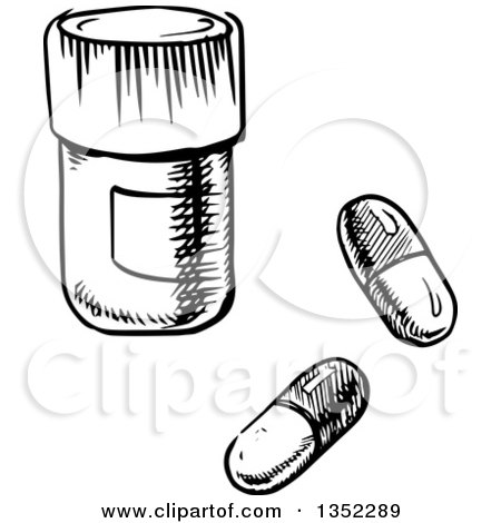 Clipart of Black and White Sketched Pills and Bottle - Royalty Free Vector Illustration by Vector Tradition SM