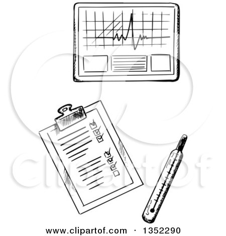 Clipart of a Black and White Sketched Thermometer, Medical Chart and Graph - Royalty Free Vector Illustration by Vector Tradition SM