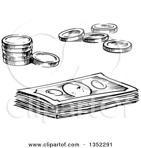 Clipart of Black and White Sketched Coins and Cash Money - Royalty Free Vector Illustration by Vector Tradition SM