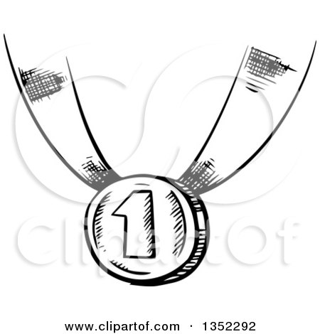 Clipart of a Black and White Sketched First Place Medal - Royalty Free Vector Illustration by Vector Tradition SM