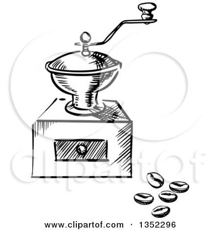 Clipart of a Black and White Sketched Vintage Coffee Grinder and Beans - Royalty Free Vector Illustration by Vector Tradition SM