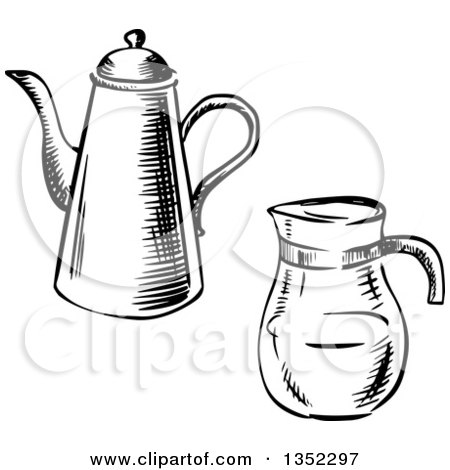 Clipart of Black and White Sketched Porcelain and Glass Coffee Pots - Royalty Free Vector Illustration by Vector Tradition SM