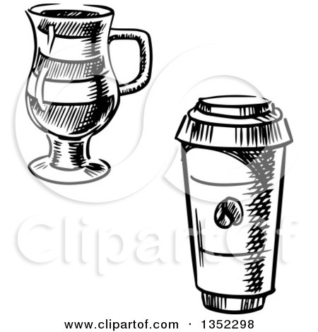 Clipart of Black and White Sketched Glass and Take out Coffee Cups - Royalty Free Vector Illustration by Vector Tradition SM
