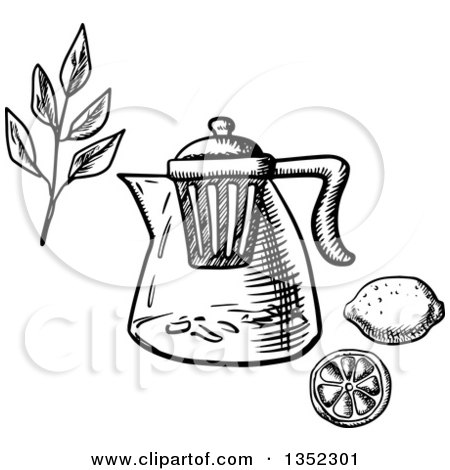 Clipart of a Black and White Sketched Teapot with Infuser Strainer, Tea Branch, and Lemon - Royalty Free Vector Illustration by Vector Tradition SM