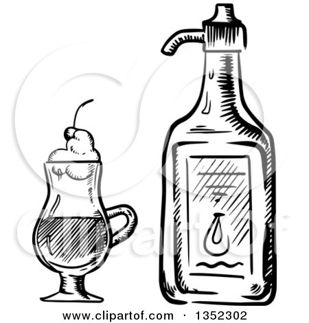 Clipart of a Black and White Sketched Irish Coffee Drink and Bottle Liqueur - Royalty Free Vector Illustration by Vector Tradition SM