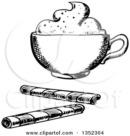 Clipart of a Black and White Sketched Coffee with Cream and Wafer Rolls - Royalty Free Vector Illustration by Vector Tradition SM