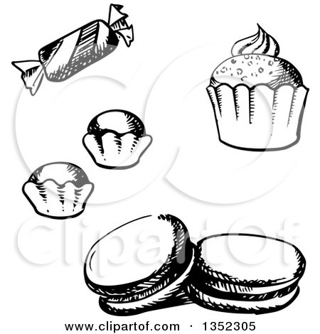 Clipart of a Black and White Sketched Cupcake, Macaroon, Truffles and Candy - Royalty Free Vector Illustration by Vector Tradition SM