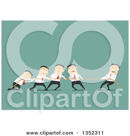 Clipart of a Flat Design Team of White Business Men Engaged in Tug of War, over Green - Royalty Free Vector Illustration by Vector Tradition SM