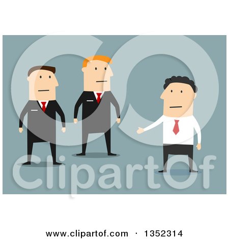 Clipart of a Flat Design White Businessman Talking to Guards, over Blue - Royalty Free Vector Illustration by Vector Tradition SM