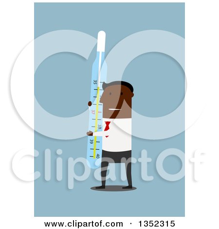 Clipart of a Flat Design Black Businessman Carrying a Giant Thermometer, over Blue - Royalty Free Vector Illustration by Vector Tradition SM