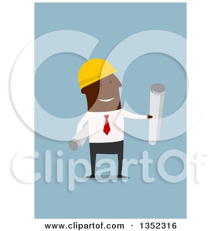 Clipart of a Flat Design Black Male Contractor Worker Holding Plans, on Blue - Royalty Free Vector Illustration by Vector Tradition SM