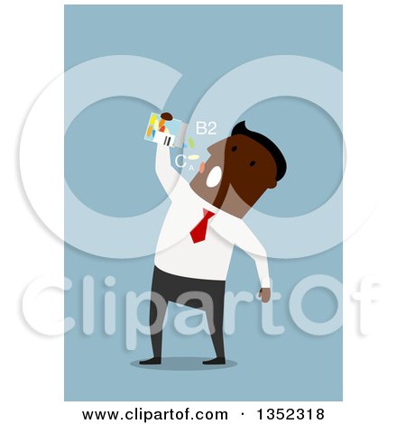 Clipart of a Flat Design Black Businessman Taking Vitamins or Drugs, over Blue - Royalty Free Vector Illustration by Vector Tradition SM