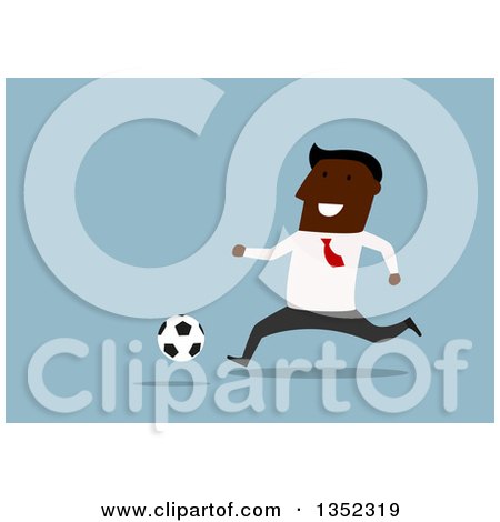 Clipart of a Flat Design Black Businessman Playing Soccer, over Blue - Royalty Free Vector Illustration by Vector Tradition SM