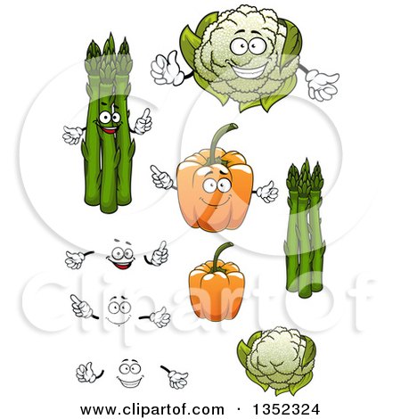 Clipart of Cartoon Faces, Hands, Asparagus, Orange Bell Peppers and Cauliflower - Royalty Free Vector Illustration by Vector Tradition SM