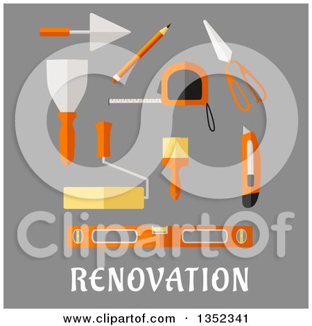 Clipart of a Flat Design Pencil, Roulette and Trowel, Spatula, Paint Roller and Brush, Scissors, Utility Knife and Spirit Level over Text on Gray - Royalty Free Vector Illustration by Vector Tradition SM