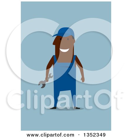 Clipart of a Flat Design Happy Black Mechanic Holding a Wrench, on Blue - Royalty Free Vector Illustration by Vector Tradition SM