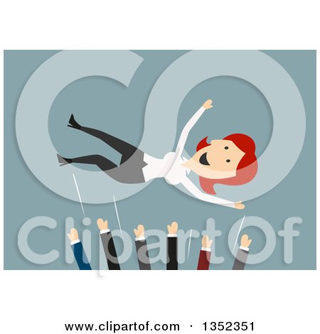 Clipart of Flat Design Colleagues Throwing up Their White Female Boss in Success, on Blue - Royalty Free Vector Illustration by Vector Tradition SM